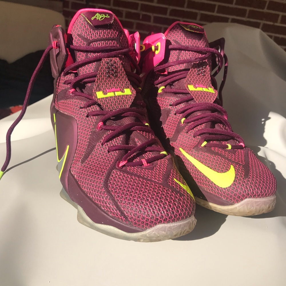LeBron James NIKEs purple/pink/fluorescent green